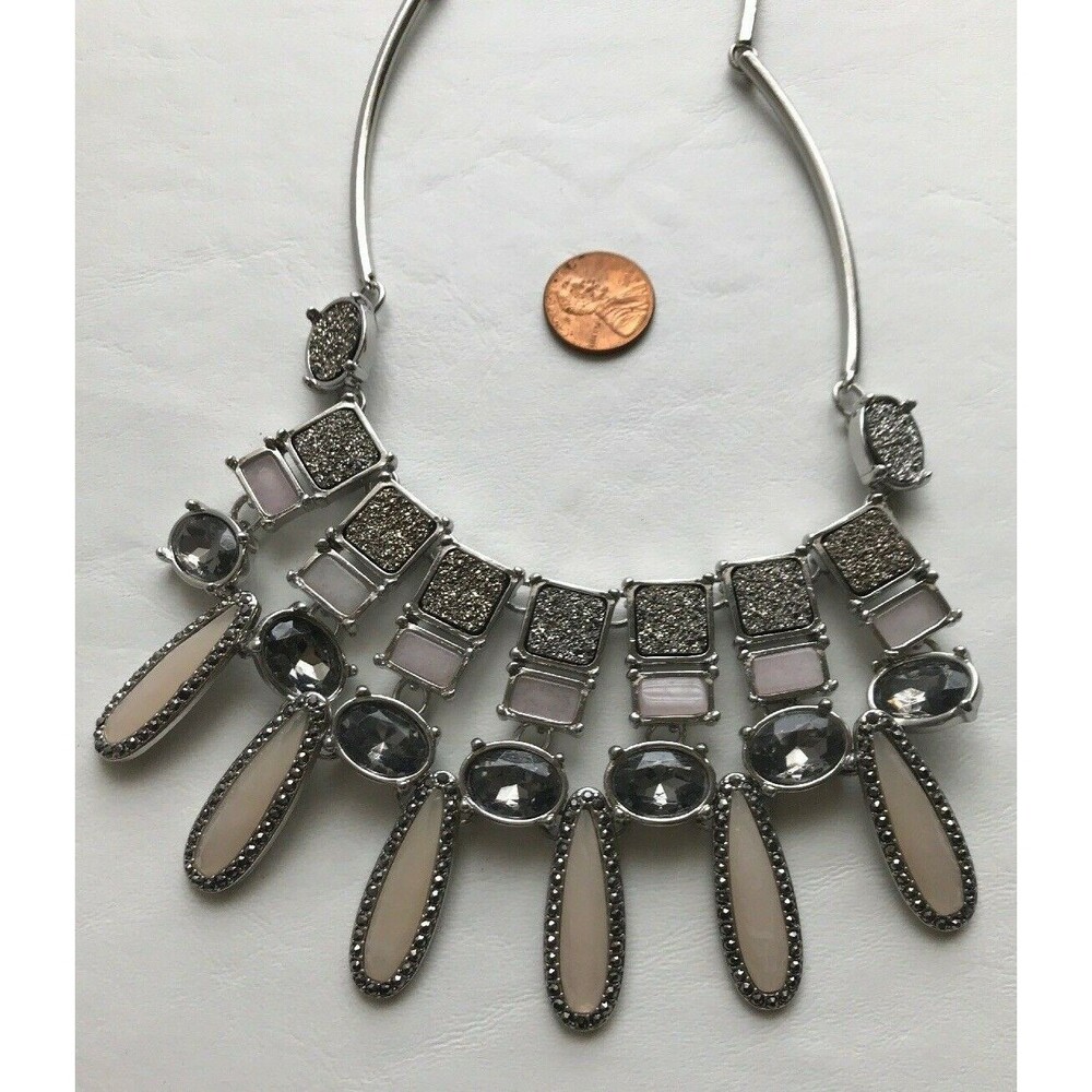 CHICO'S Necklace Bib SPARKLY Off White Silver Tone Crystal Metallic